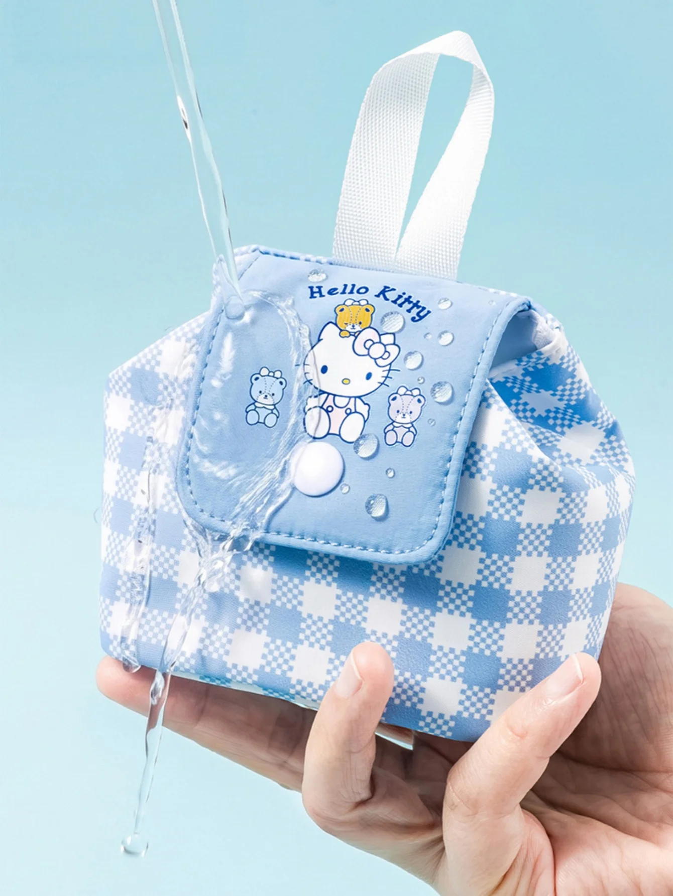 Hello Kitty Mini Storage Bag with Blue and White Checkered Snap Button Design, Portable Storage Bag for Cosmetics, Earphones, and Change