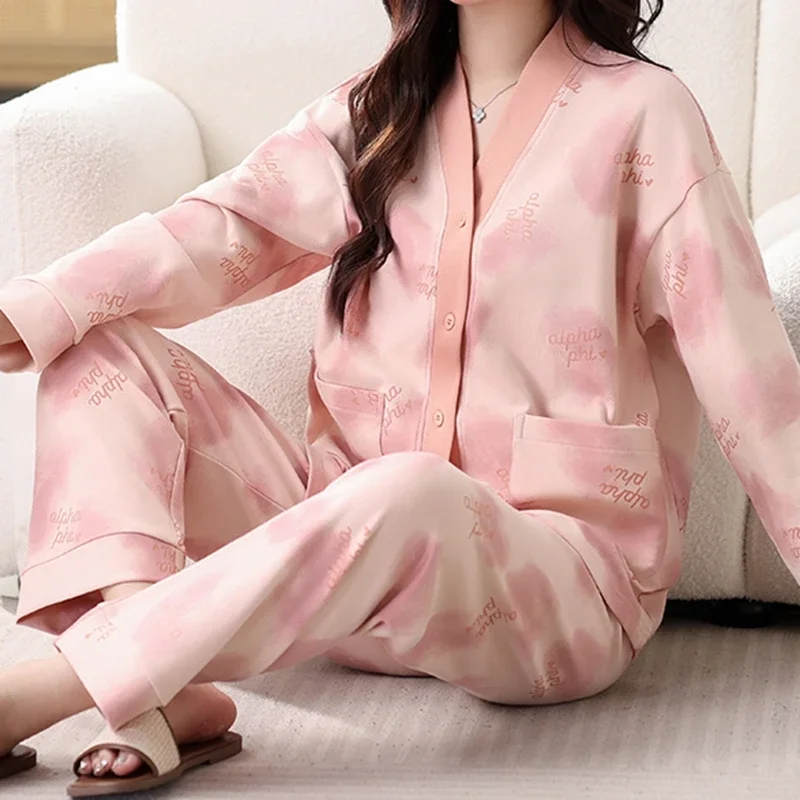 Fashion Chic Women Pajamas Set Autum Winter New Faux Cotton Long Sleeves Sleepwear for Lady Elegant Homesuits Kimono Lapel Pjs