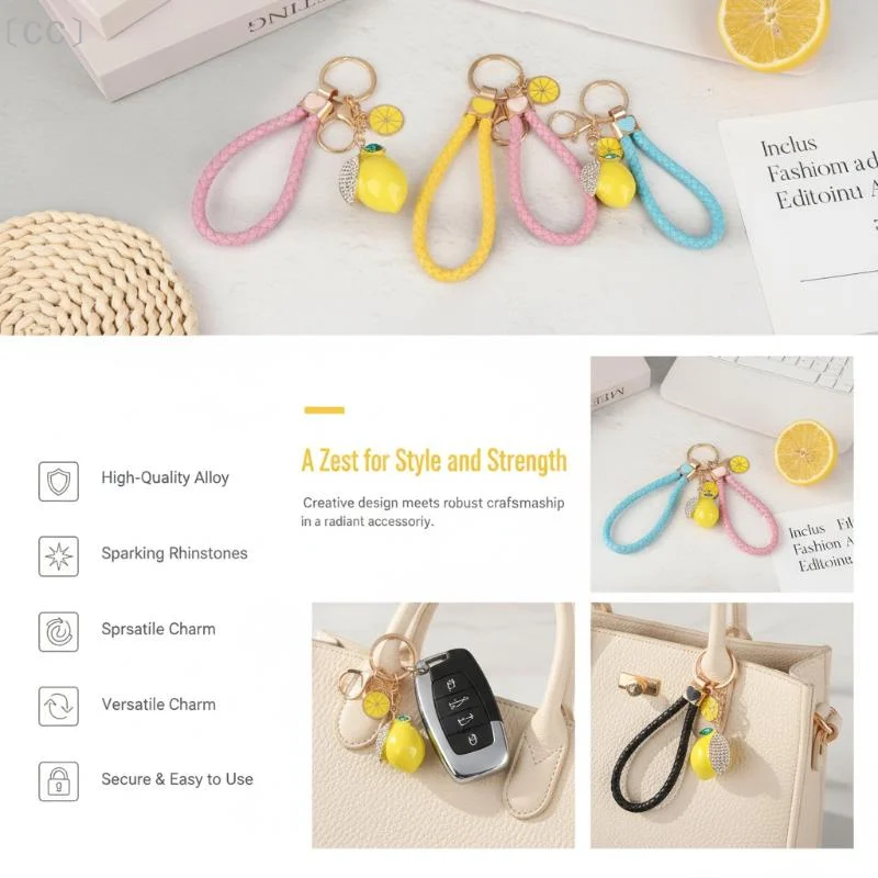 〔CC〕Adorable Lemon Shape Keychain Sparkly Rhinestone Inlaid Fashion Bag Pendant Key Holder for Girls Valentine's Day Small Gift