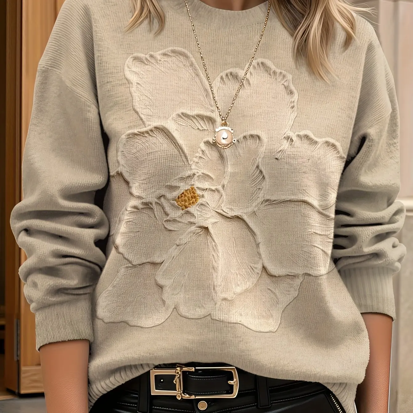 

Женский свободный свитер с круглым вырезом и цветочным принтом, свитер с круглым вырезом и длинными рукавами, повседневный элегантный стиль, повседневная одежда, универсальная мода