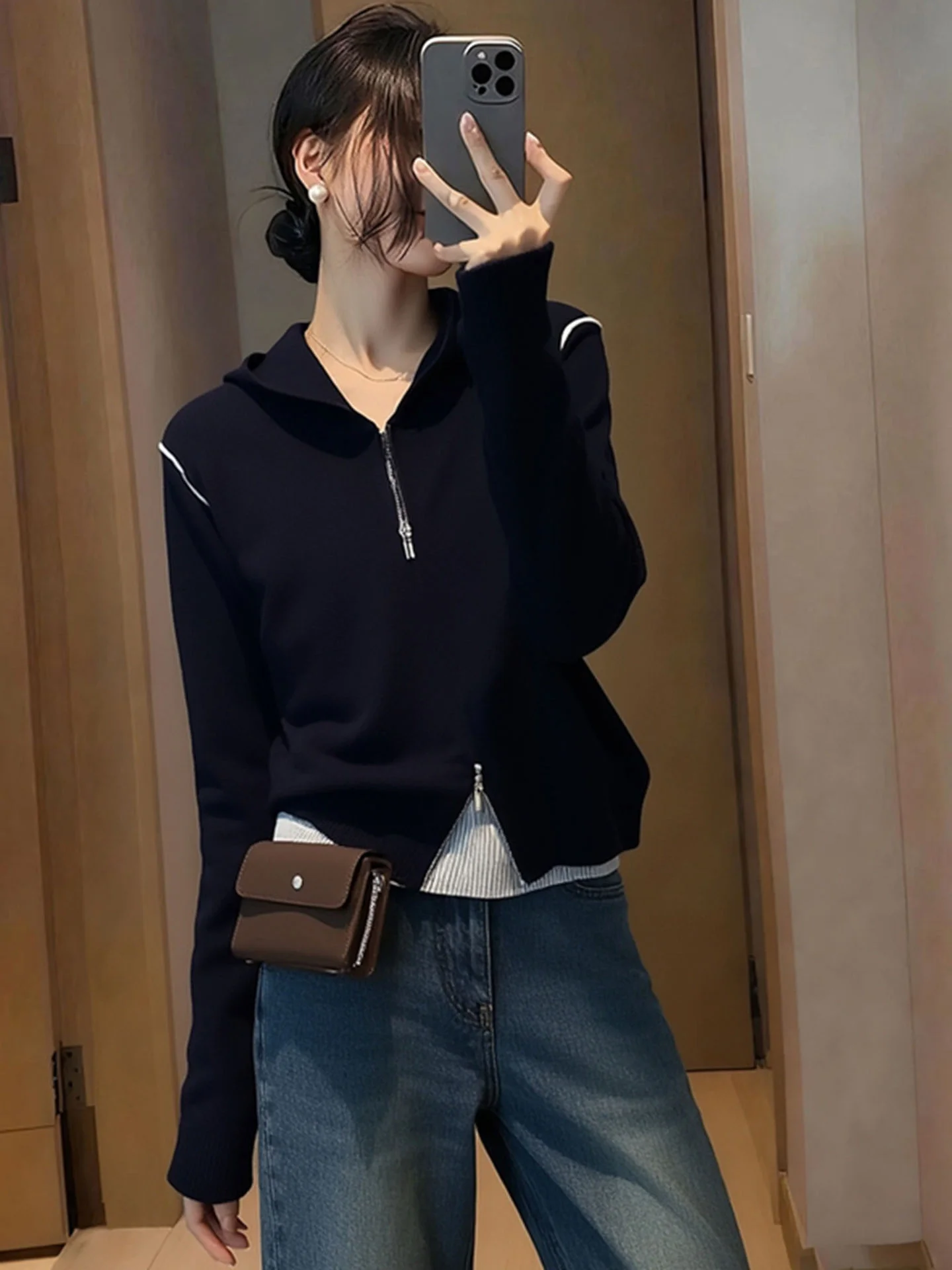 Korean Sle Winter Faionable Hooded Camere Knitwear Long Sve Color Blo Design Casual Comfortable Women's Top