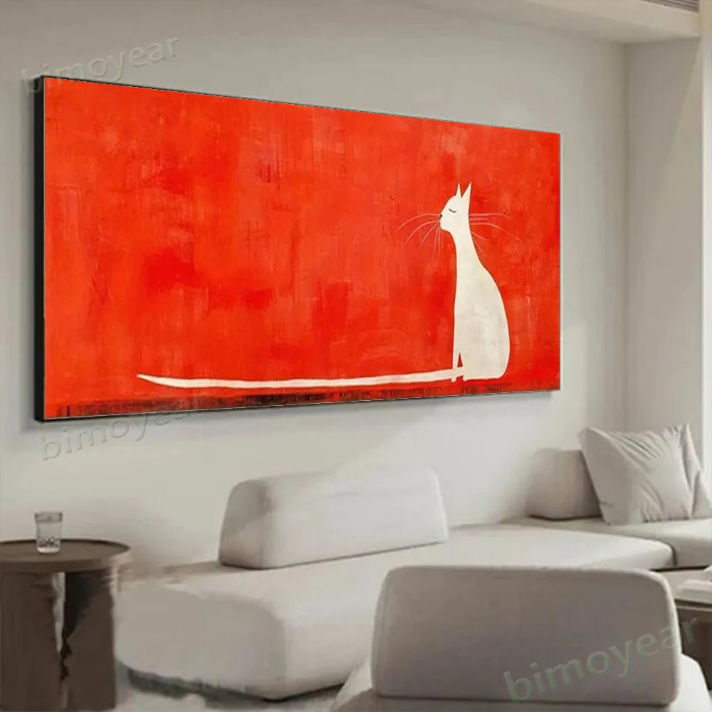 

100% Hand Painted Abstract Oil Painting A big white cat Wall Art Picture On Canvas Red Mural For Living Room Home Decor Paint