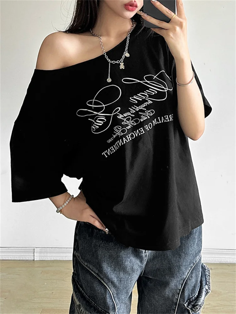 Sisterlinda 2025 New Trend T-Shirts Women Letter Print Inclined Shoulder Short Sleeve Daily Fashion Versatile Style Streetwear