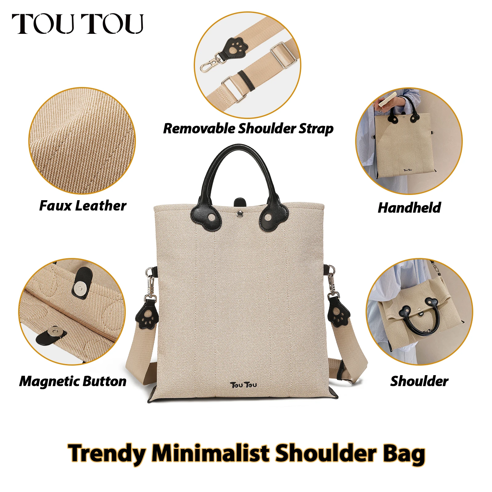 TOUTOU-Bolso de mano de cuero para mujer, bolsa de mano de gran capacidad, de lona de gama alta, bandolera para ir al trabajo