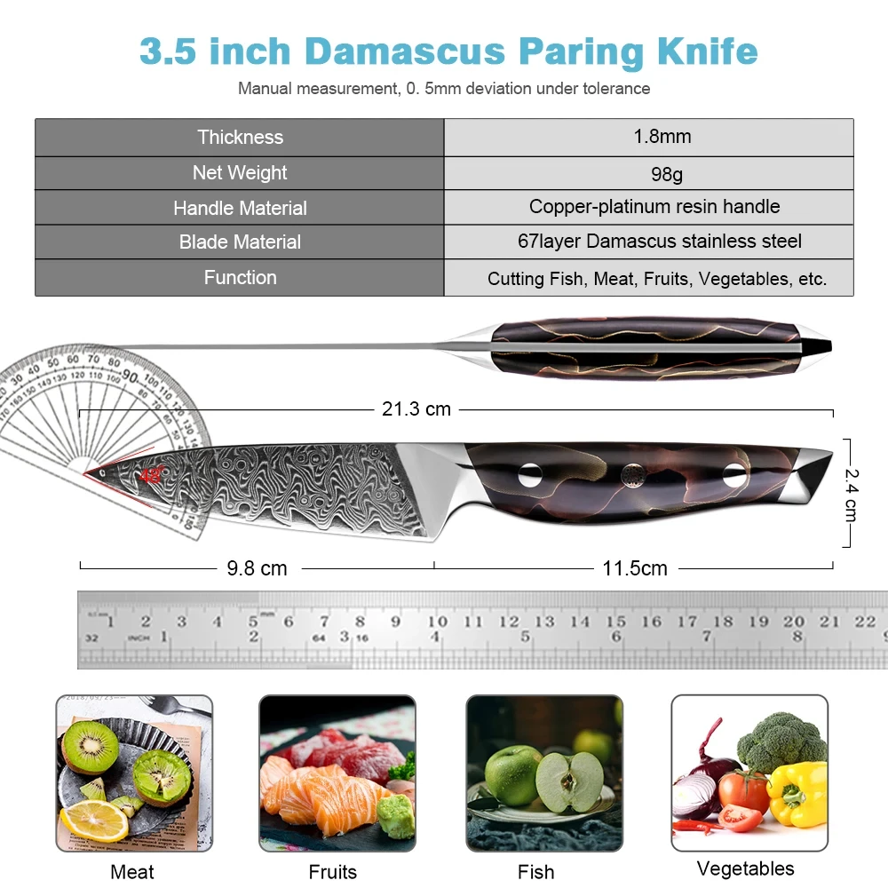 Razor-Sharp Japanese Damascus Steel 3.5-Inch Fruit Knife Home Use Full Tang Peeling and Coring Knife Kitchen Cooking Tool