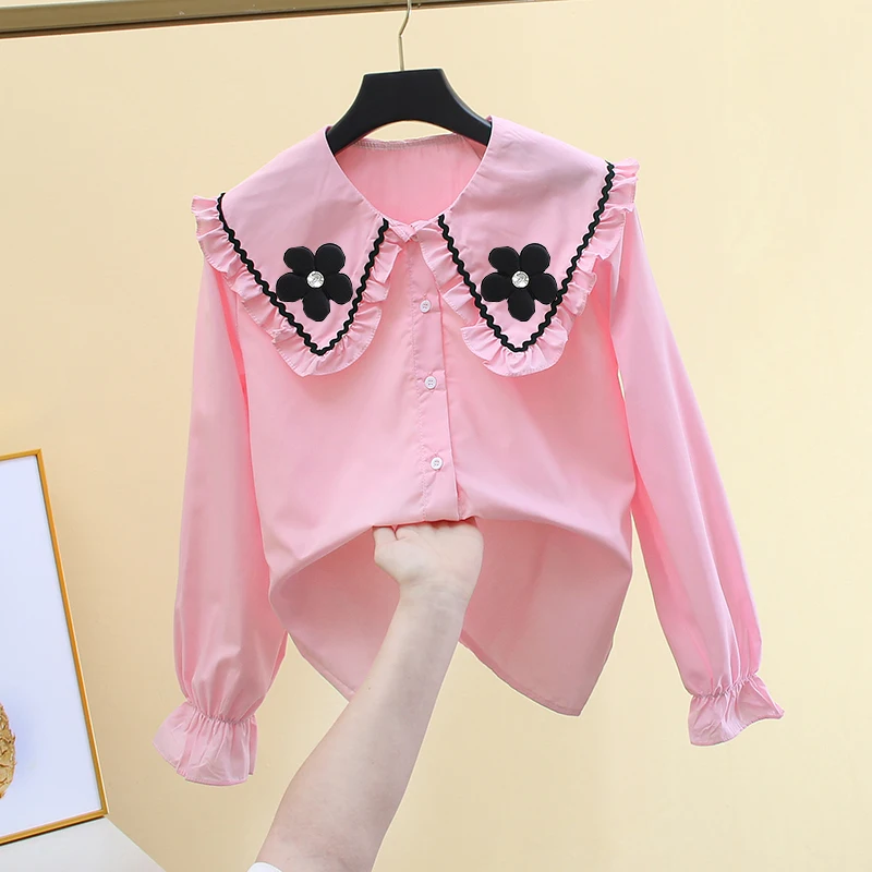 

Peter Pan Collar Shirt Women's Spring Autumn New Loose French Three-Dimensional Flower Top Versatile Long Sleeved Solid Blouse