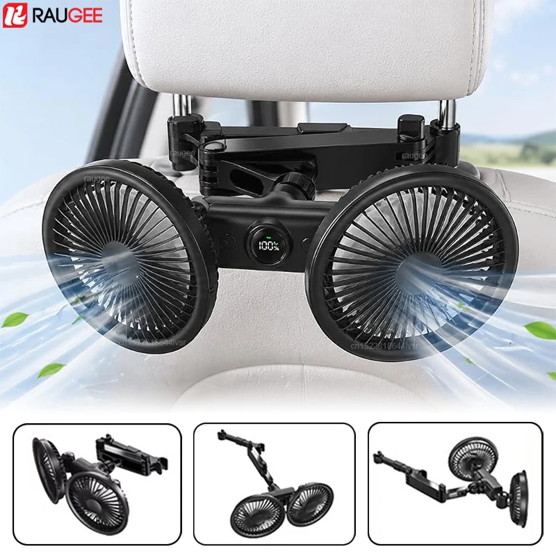 USB Car Fan Double Head Car Seat Back Cooling Fan Portable Car Seat Fan 360° Rotatable USB Car Headrest Fan for Front Rear Seat