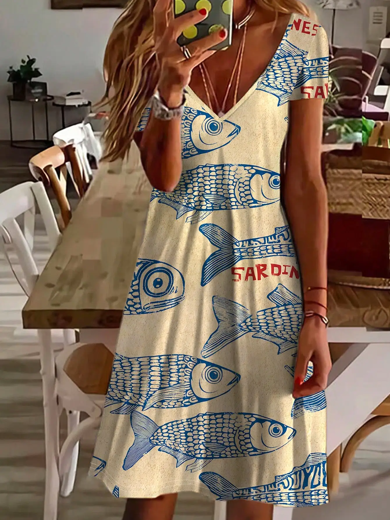 

Women's V-Neck Loose Fit Fish Print Boho Dress Summer Casual