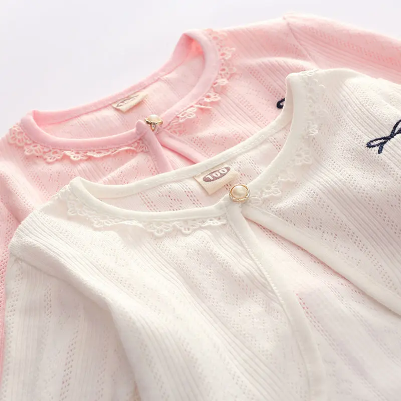 Spring Summer Girls Cotton Cardigans Round Neck Long Sleeve Bow Embroidery Soft Thin Shawl Kids Casual Tops