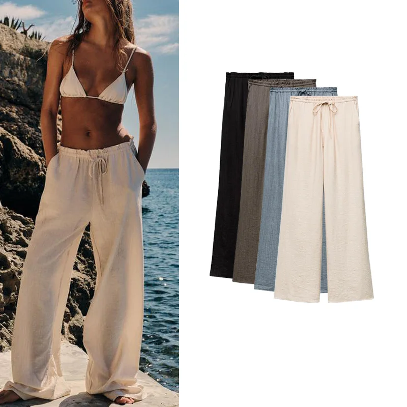 

Весенние удобные повседневные текстурированные брюки с эластичной резинкой на талии, универсальные, Новое поступление, прямые длинные брюки из полиэфирного волокна