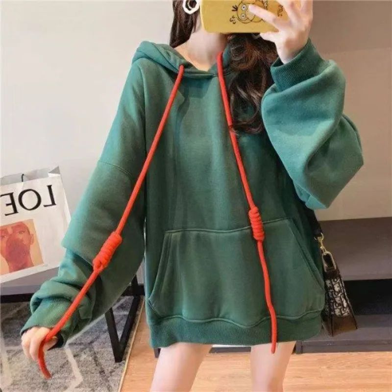 Oversized  Thick Women Sweetshirts Fashion Pullover Ladies Fleece Lining Long-sleeved Loose Casual Hip-hop Solid Color Hoodie