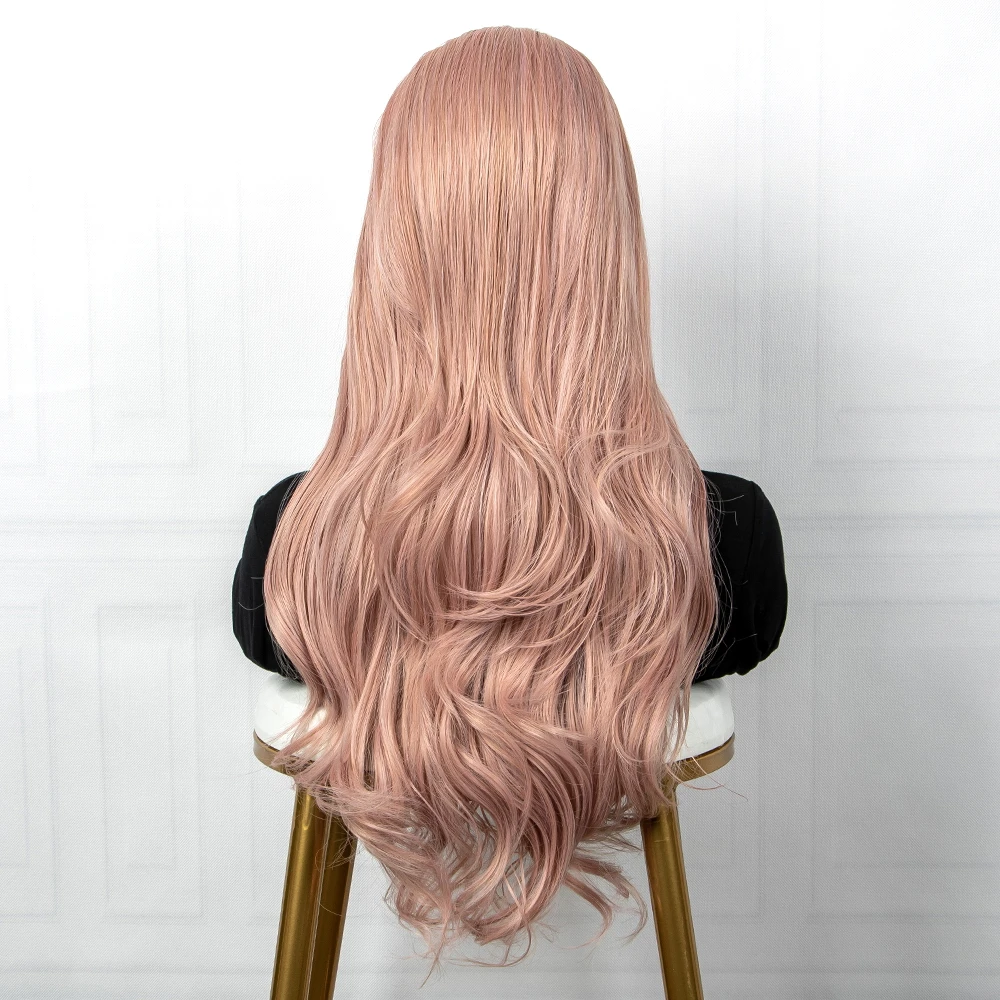 28 inch Light Pink Lace Front Synthetic Wig for Women Middle Part Natural Wavy T Lace Wig for Women Party Cosplay