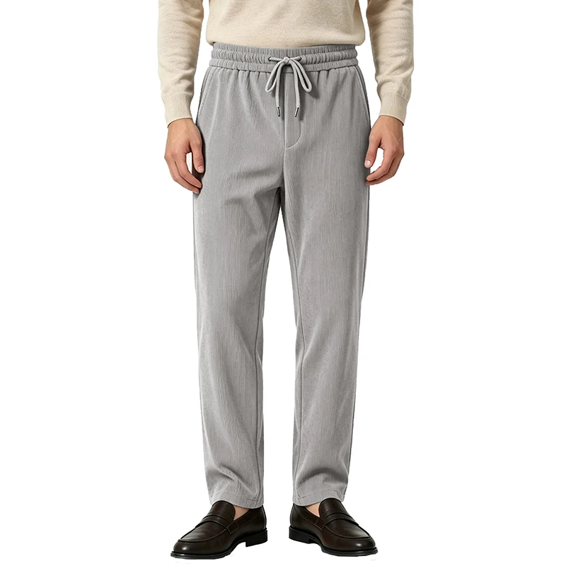 Men Corduroy Straight Leg Trousers Elastic Drawstring Waist Regular Fit Long Pants Spring Autumn Daily Casual Streetwear