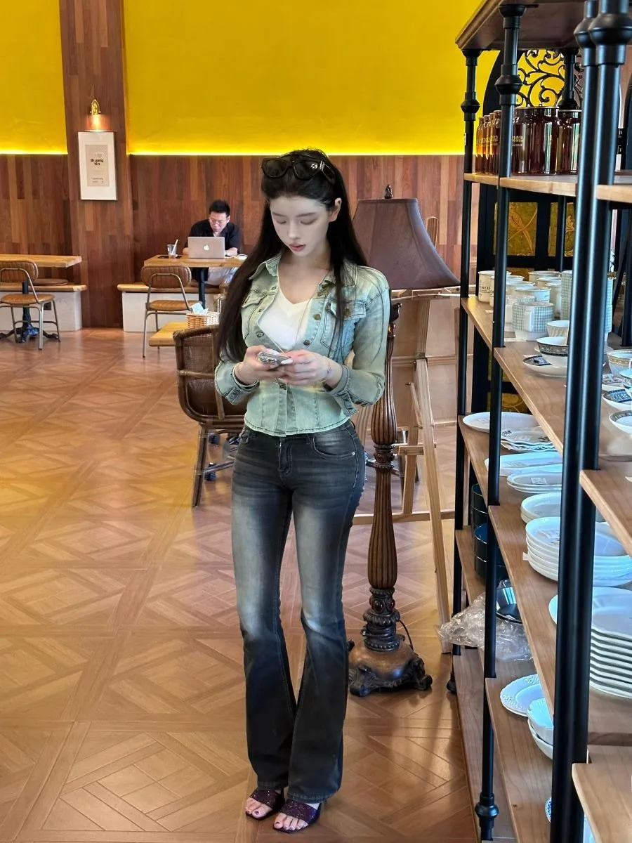 

High Waist Slimming Long Jeans Women's Denim Pants High Waist Washed Bell Bottoms Butt Enhancing Autumn New Style Cotton Stre...