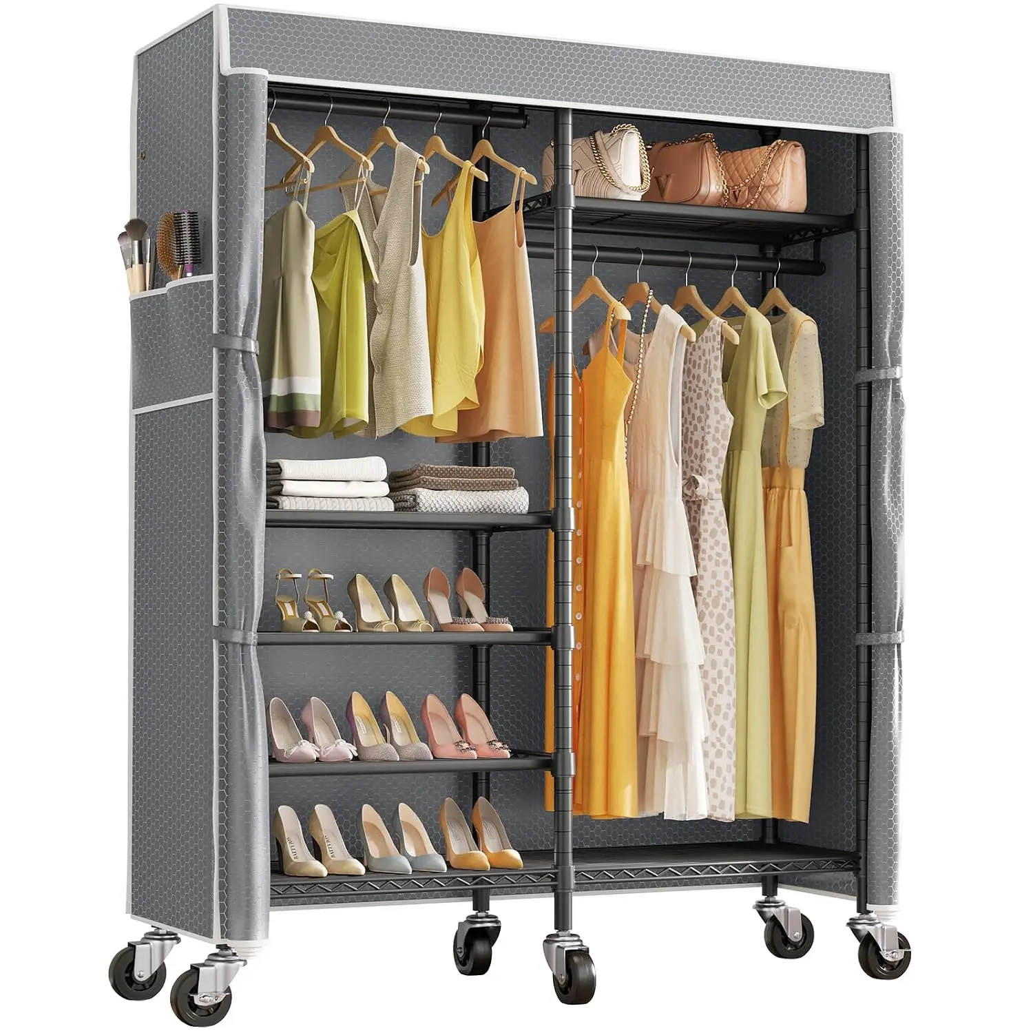 Portable Clothes Rack with Cover & Wheels, Rolling Garment Storage Organizer, Customized