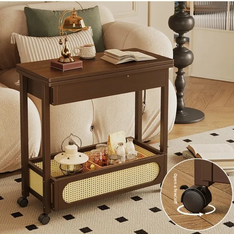 طاولة جانبية عتيقة قابلة للطي مع عجلات، طاولة قهوة متنقلة صغيرة، عربة غرفة المعيشة الرجعية، طاولة نهاية موفرة للمساحة مع مساحة تخزين