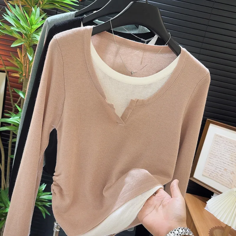 Sweater Casual Knitted Fashion Basic Pullovers Fake Two Pieces Long Sleeve Knitted Sweater Clothing  Spring Autumn