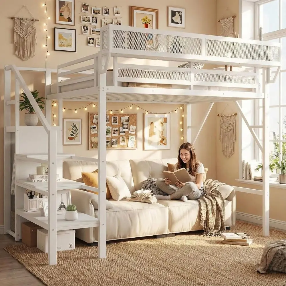 

Twin Size Loft Bed with Stairs, Metal Frame, Storage Shelves, Adult & Teen Use, White