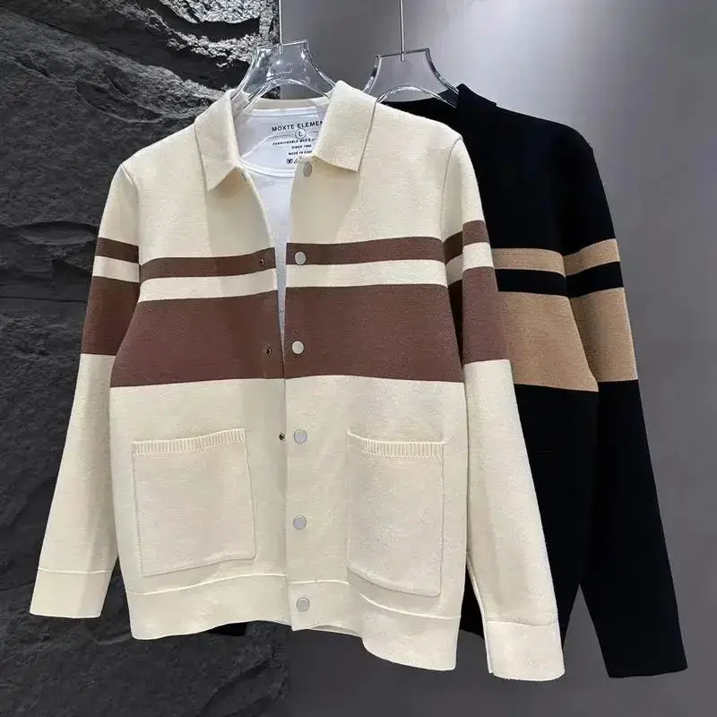 

Men's Knitted Open Cardigan Casual Long Sve Turn-down Collar Faion Patchwork Stripes Color Blo Outerwear for Autumn Wi...