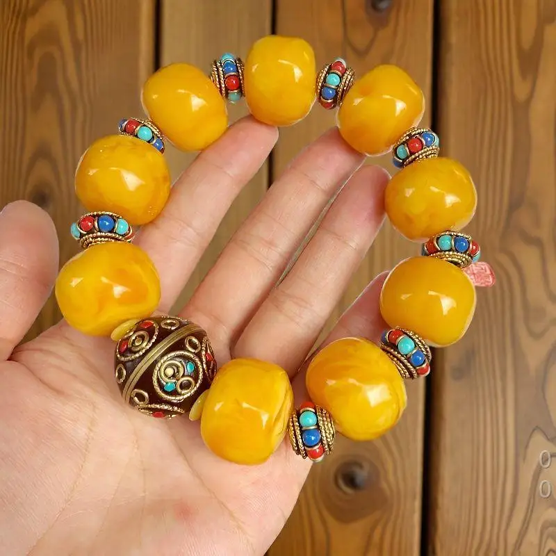25*20mm extra-large beads of chicken fat yellow amber bracelet  hand-twisted for lasting fragrance  with red and blue wheel-shap