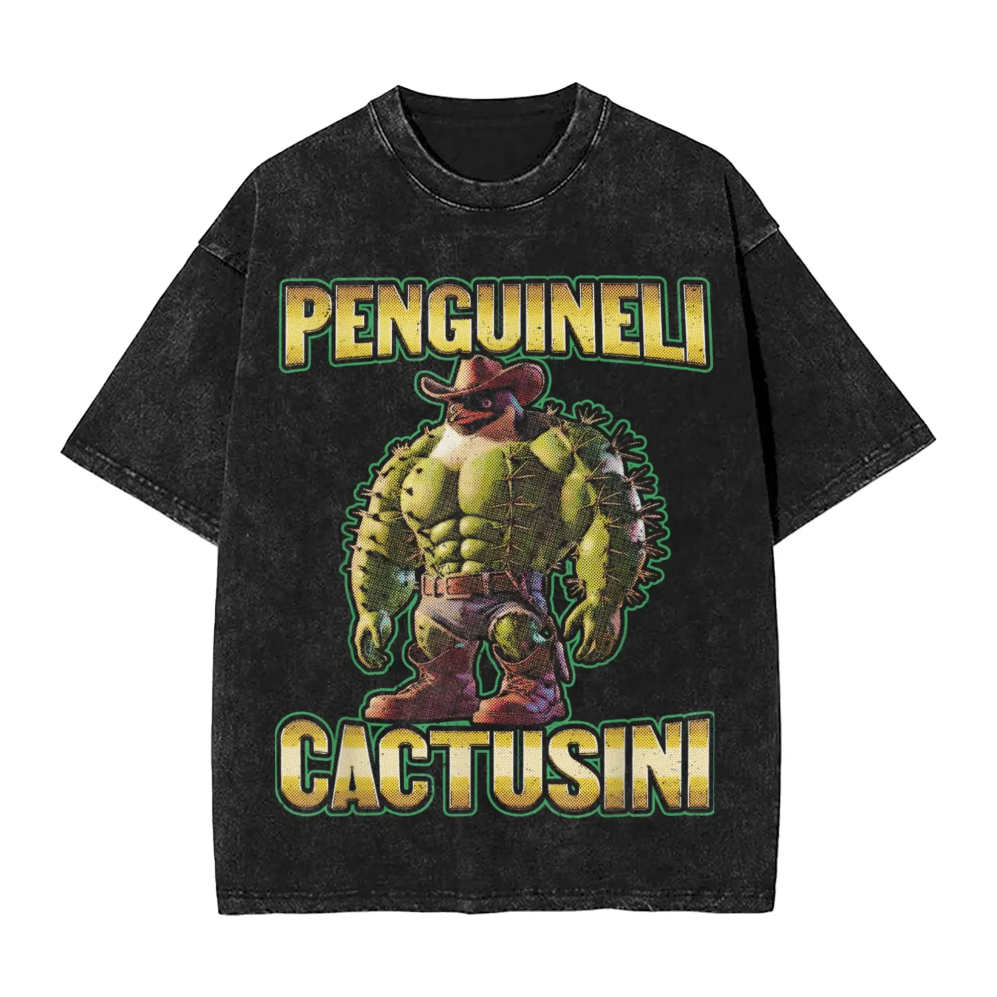Penguineli Cactusini الإيطالية Brainrot تي شيرت الرجال القطن الخالص تي شيرت تقليدي طاقم الرقبة قميص ملابس قصيرة الأكمام الرسم