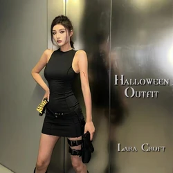 Tomb Lara Croft Cosplay DIY Halloween Outfit For Women Sexy Black Bodycon Dress Holster Movie COS Party Performance Costumes