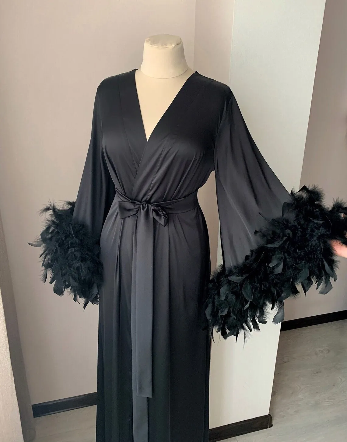 

Feather Long Bridal Robe Bride Robe For Wedding Day With Feather Blush Kimono Black Boudoir Floor Length Robe Maxi Dressing Gown