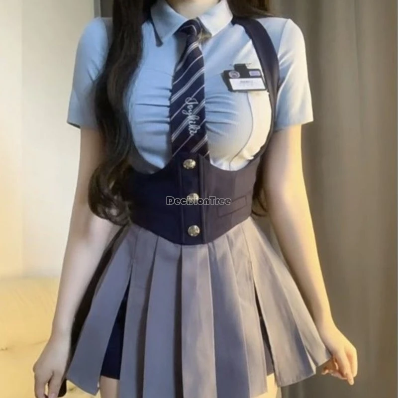 2026 girls' college jk uniform suit women's short sleeved solid color shirt women's summer shirt tie short skirts 3-piece suit