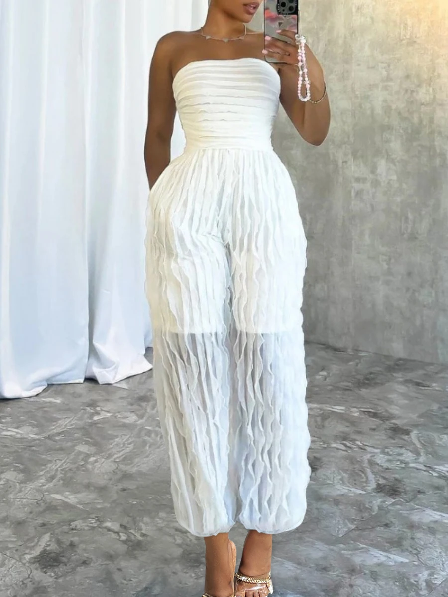 LW Off The Shoulder Waffle Knit See Through Jumpsuit Women Fall Outfit Small Ruffles Strapless Sleeveless One Piece Outfit