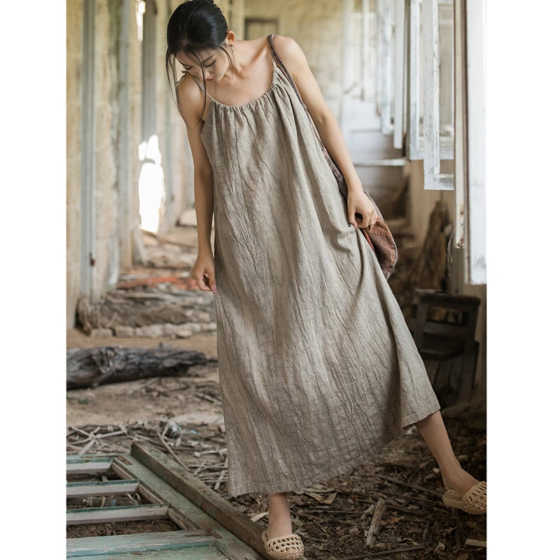 

New 2025 Summer Women Casual Loose O-neck Tie Dye Devise Mid-calf Dress Spaghetti Strap Camisole Good Quality Ramie Dresses Y128