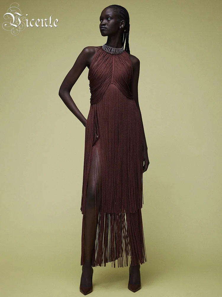 

VC Vintage-Inspired Red Off-Shoulder Crew Neck & Tassel Dress Gown for Evening Dinners