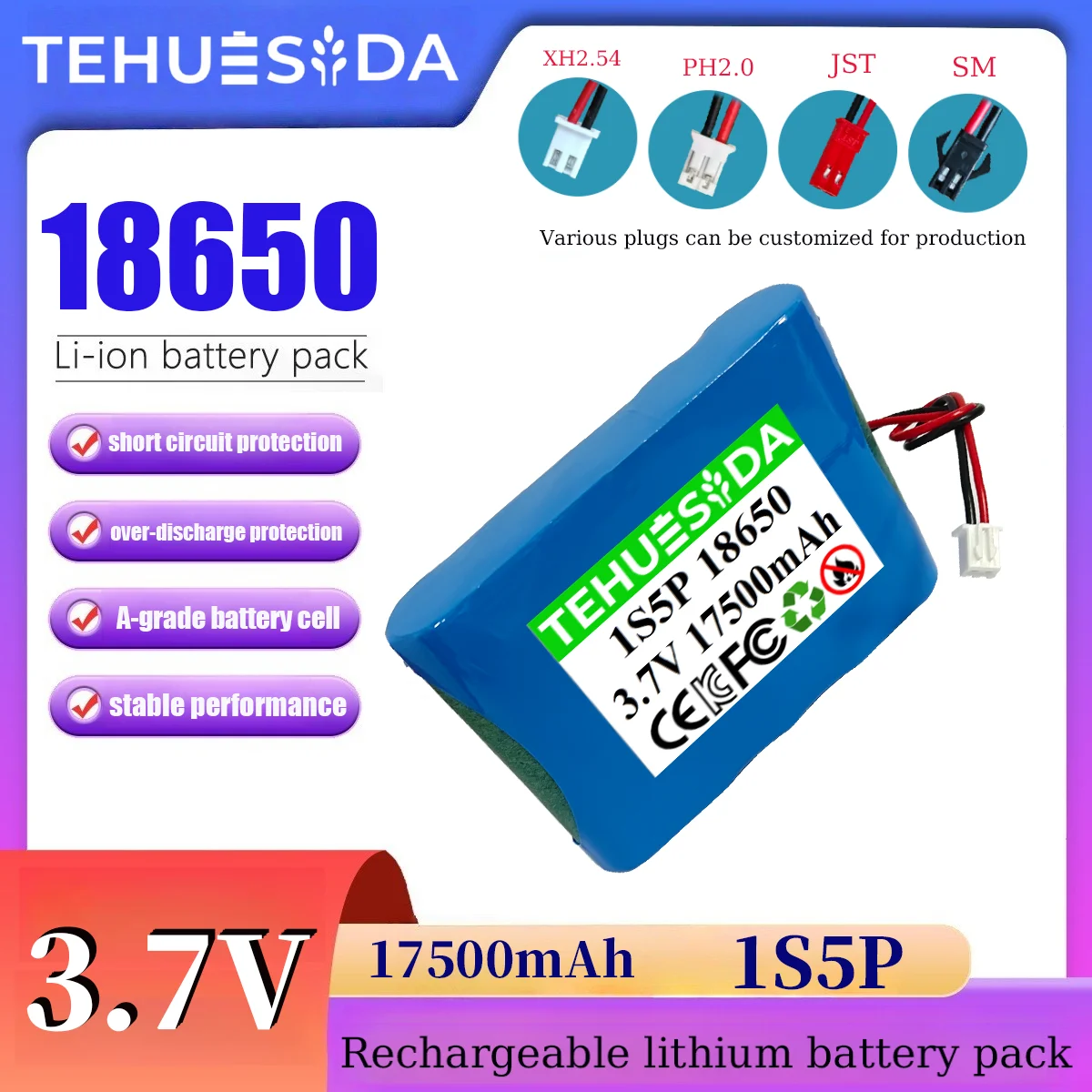 

3.7V 17500mAh 18650 1S5P Rechargeable Battery Pack 3.7V Lithium Ion Battery for Power Bank DIY RC Drone Solar Light