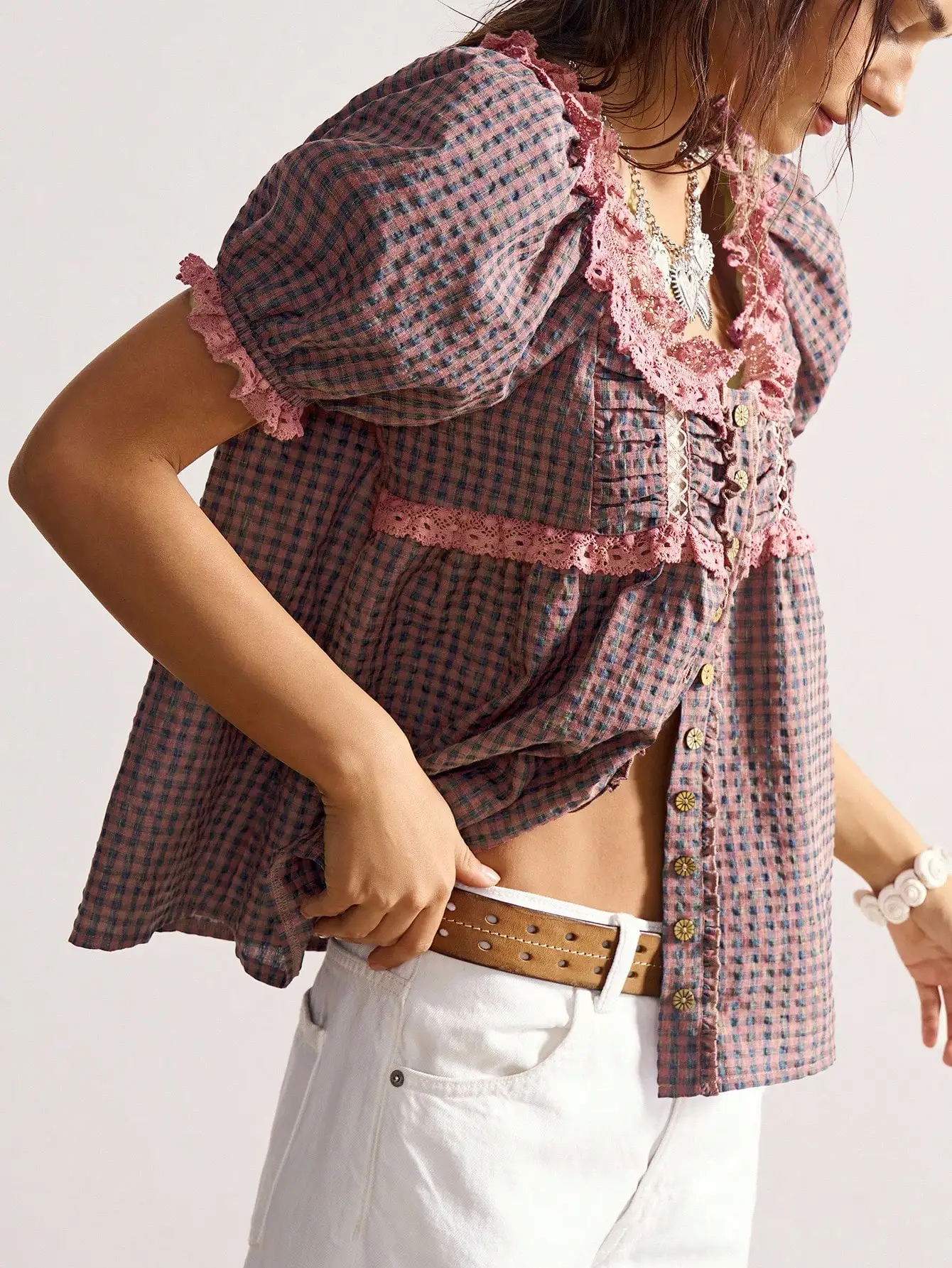 

Boho Casual Plaid Puff Sleeve V-Neck Loose Women Blouse