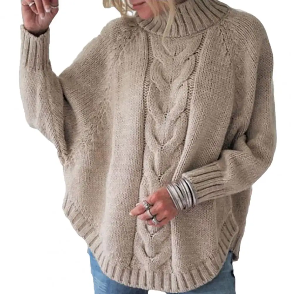 Vintage Women Sweater Tops Half High Collar Batwing Long Sleeve Knitted Sweater Twist Texture Loose Pullover Knitting Tops