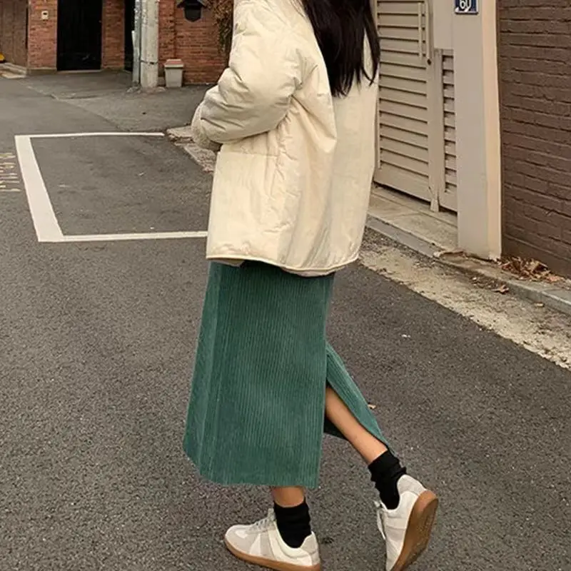 Corduroy Long Skirt Women Autumn High Waist Ruffles Midi Skirts Female Korean Fashion Elegant Elastic Solid A-Line Skirt