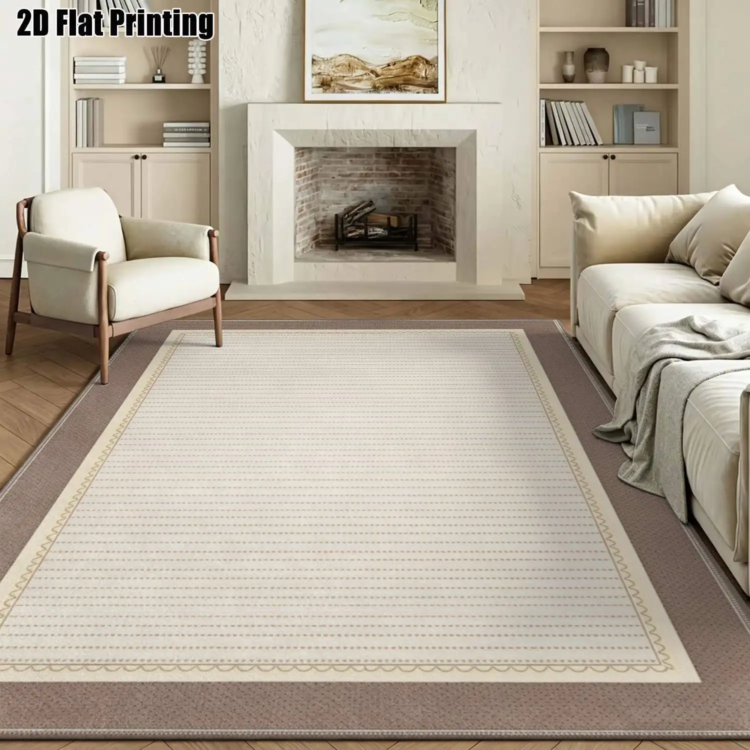 1Pc 2D Printed Beige Line Border Carpet: European Retro Geometric Striped Pattern, Home Decor Mat, Multi-Size, Machine Washable, for Entrance/Dining/Bedroom/Study