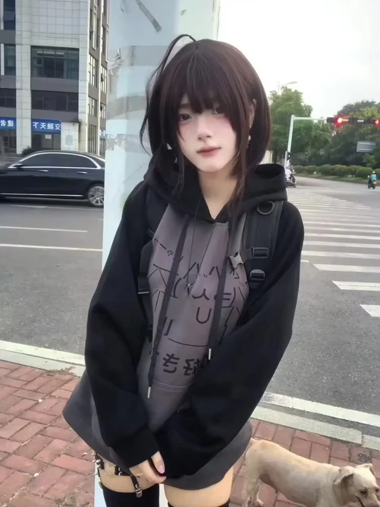 Japanese Kawaii Y2k Aesthetic Patchwork Hoodies Women Vintage Cartoon Print Streetwear Harajuku Loose Pocket Sweatshirt Tops