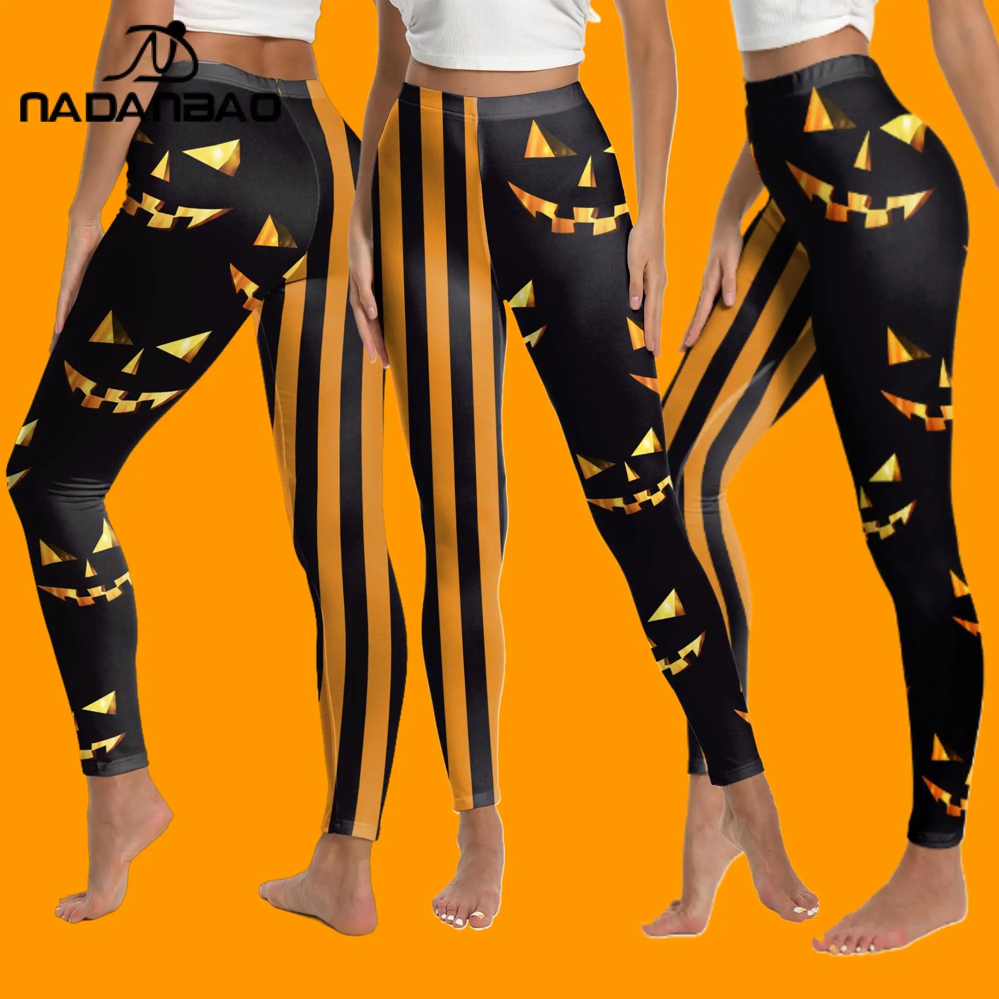 NADANBAO Halloween Women Leggings Yellow Black Striped Pumpkin Tights Fitness Workout Trousers Yoga Leggings Fancy Cosplay Pants