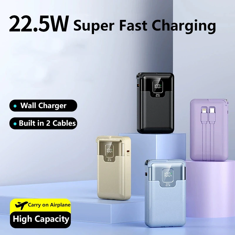 

Power Bank 10000mAh Built in Cable Plug Wall Charger Powerbank 22.5W Fast Charging for iPhone 16 Samsung Xiaomi External Battery