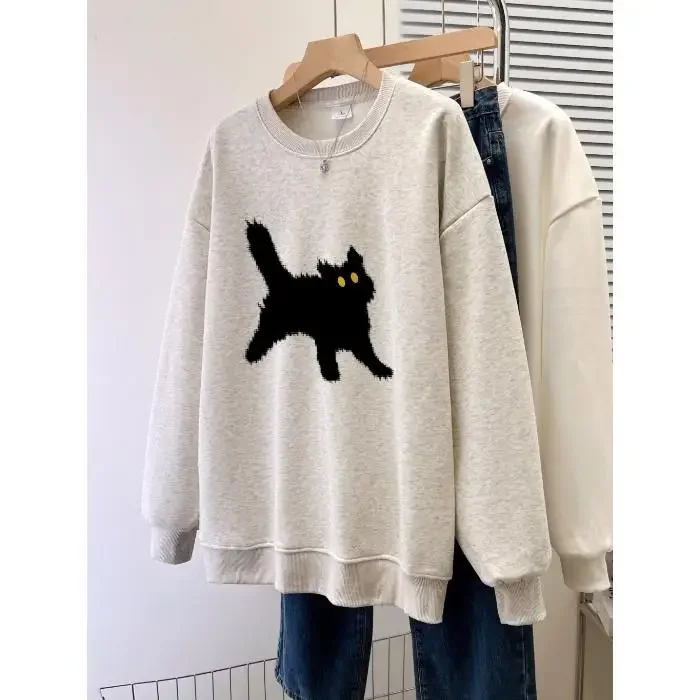 Autumn 2024 Women Sweatshirts Oversized Round Neck Cartoon Cat Print Long Sleeved Thin Hoodies Female Casual Pullover Unisex Top