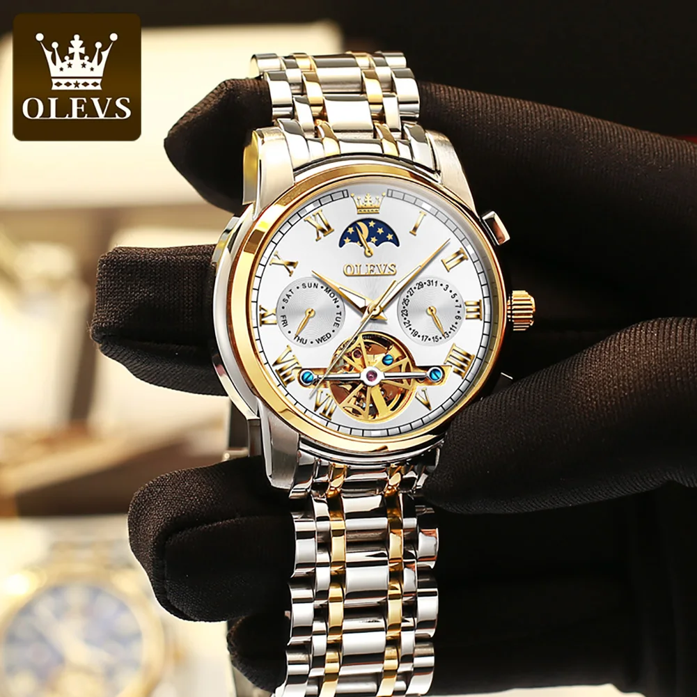 OLEVS Original Automatische Mechanische Uhr für Männer Luxus Marke Mond Phase Tourbillon Armbanduhr Wasserdicht Leucht Moonswatch