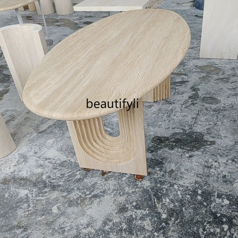 

Natural ultra-white travertine oval dining table French retro natural marble