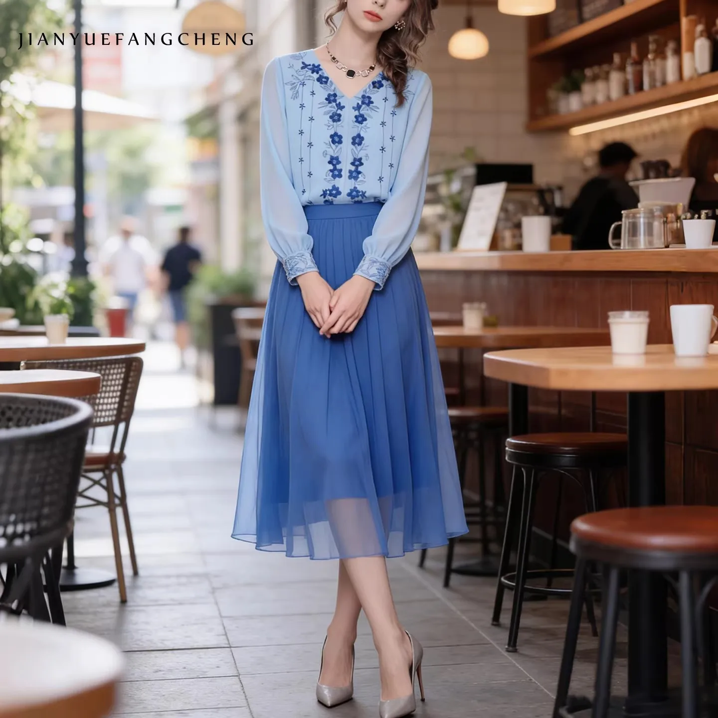 Fashion Women' Embroidered Chiffon Blouse Loose V-Neck Long Sleeve Spring Summer Tops Light Blue Lightweight Work Casual Shirts
