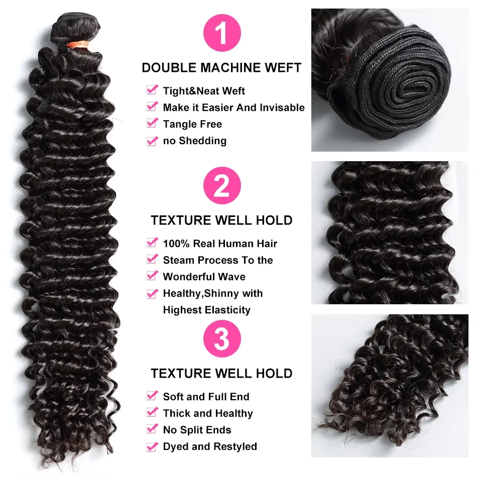 Mossily Deep Wave Bundles Natural Color 100% Remy Human Hair Bundles Brazilian Curly 16-32 Inch Weave Extensions For Women