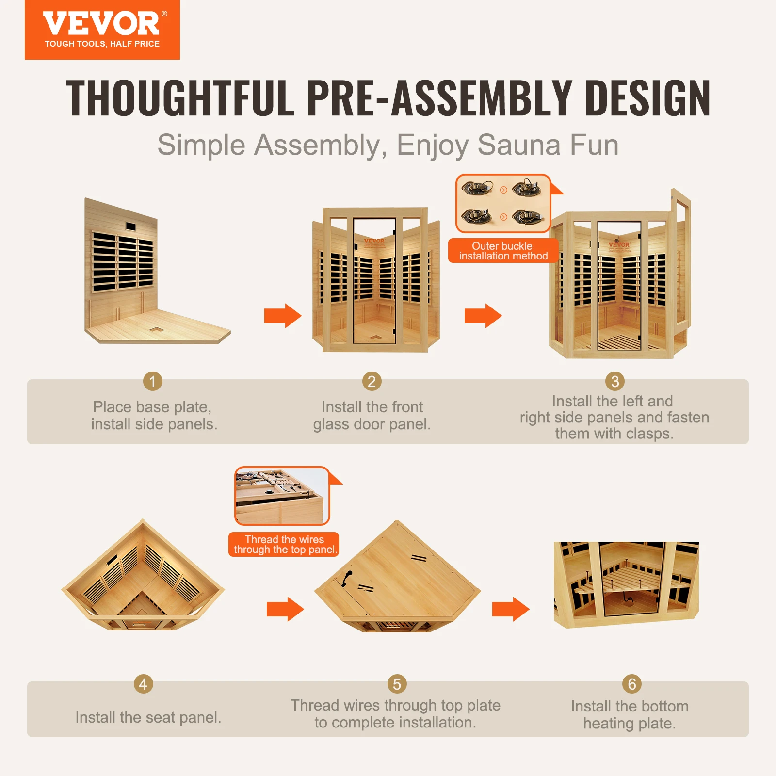 VEVOR Far Infrared Wooden Sauna,Room Home Sauna Spa for 3 to 4 Person, Low EMF Far Infrared  Wooden Sauna w/Tempered Glass Door