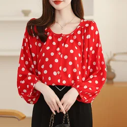 Women Clothing French Style Fashion Polka Dot O-neck Shirts Spring Autumn New Casual Loose Lantern Sleeve Blouses Y2k Chic Tops