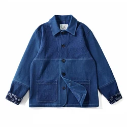 Vintage Indigo Veste Hommes Français Workwear Cargo Outillage Veste Automne Hiver Bleu Teint Kendo Tissu Multi-poches Cardigan Manteau