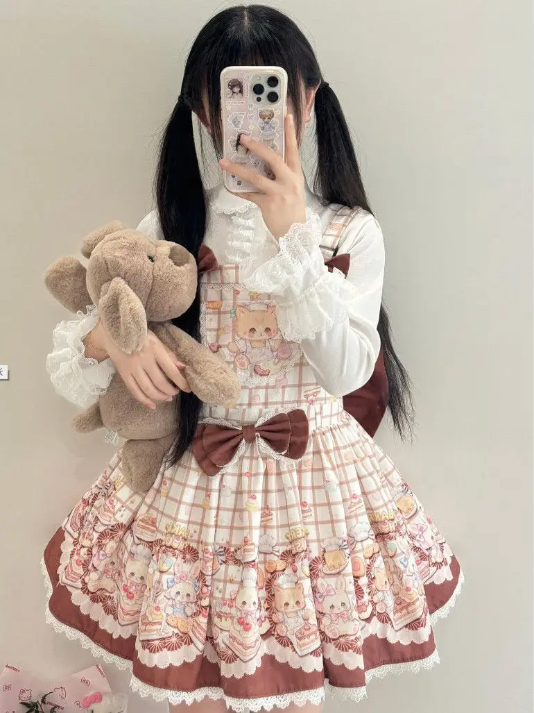 SOIOMES 【 كعكة الدب الصغير 】 قميص لوليتا الأصلي، تنورة بحزام على شكل دمية يومية لطيفة، للربيع والخريف