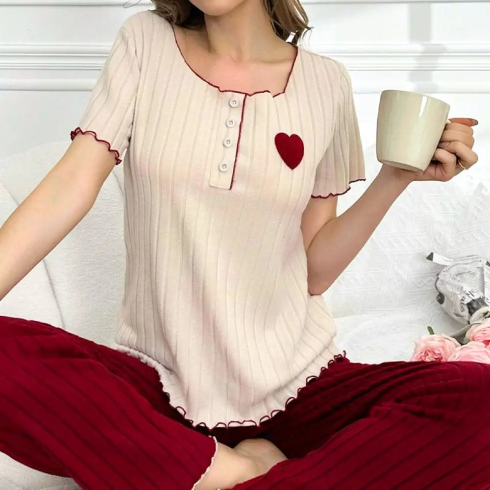 Women Casual Loungewear Set Brushed Ribbed Fabric Heart Embroidery Round Neck Tee And Trousers Comfy Sleepwear For Litya Set