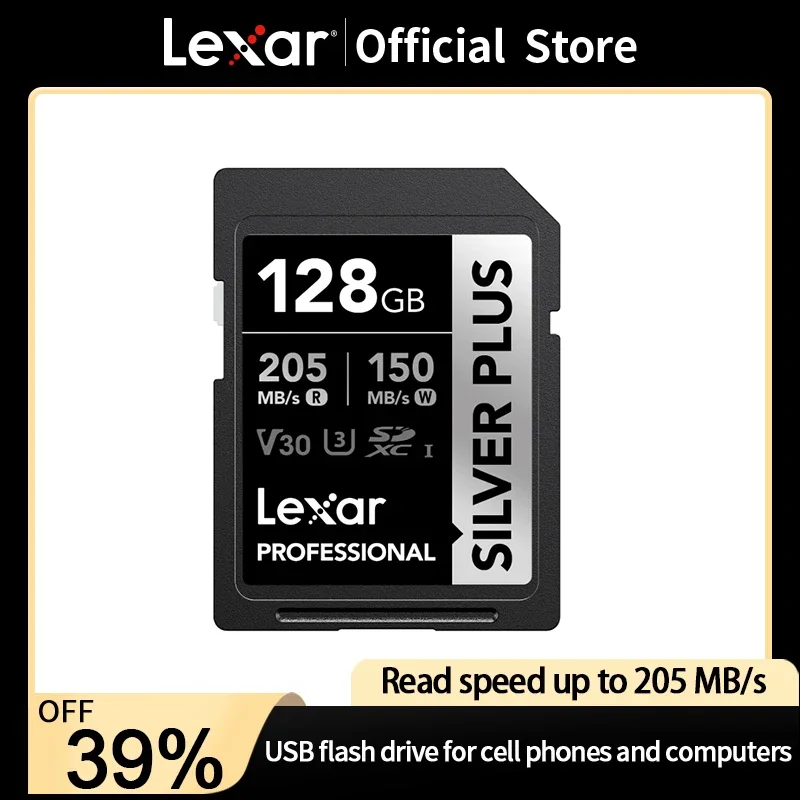 Lexar Silver Plus SD Card 64GB 128GB 256GB Flash Memory Card U3 V30 4K Read Speed Up To 205MB/s USH-I SDXC for SLR Camera